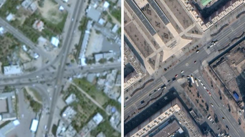 Google Earth image of Gaza on the left, and on the right the most recently available image of Pyongyang, North Korea.