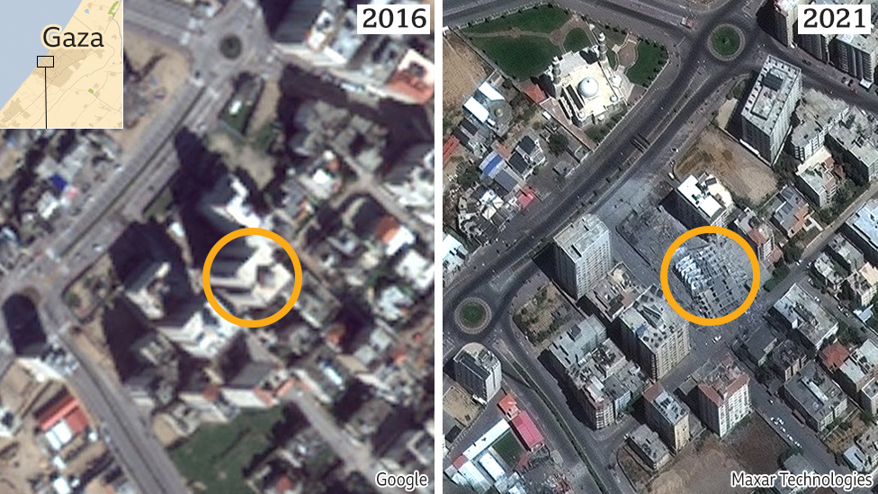 Израиль-Газа: Почему регион на Google Maps нечеткий? 3 Left: The current Google Earth image of Hanadi tower in Gaza; right: a high-resolution satellite image showing the tower destroyed