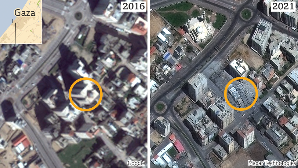 Left: The current Google Earth image of Hanadi tower in Gaza; right: a high-resolution satellite image showing the tower destroyed