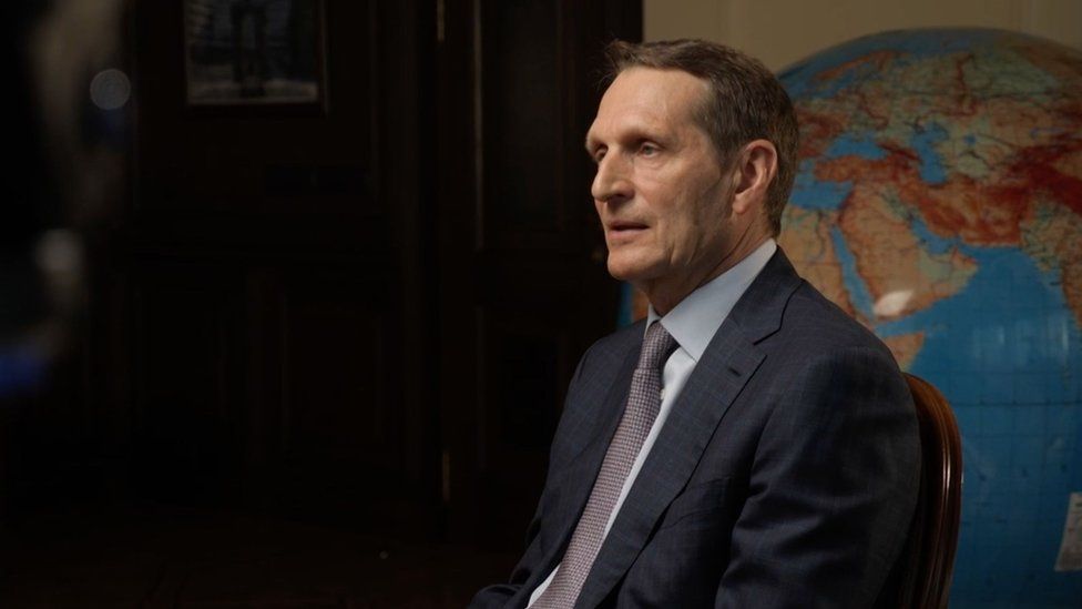 Russia's Foreign Intelligence Service (SVR) director Sergei Naryshkin speaks to BBC Moscow correspondent Steve Rosenberg