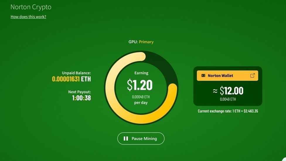 Антивирус Norton добавляет майнинг криптовалюты Ethereum 2 Снимок экрана, предоставленный Norton, демонстрирующий интерфейс майнинга.
