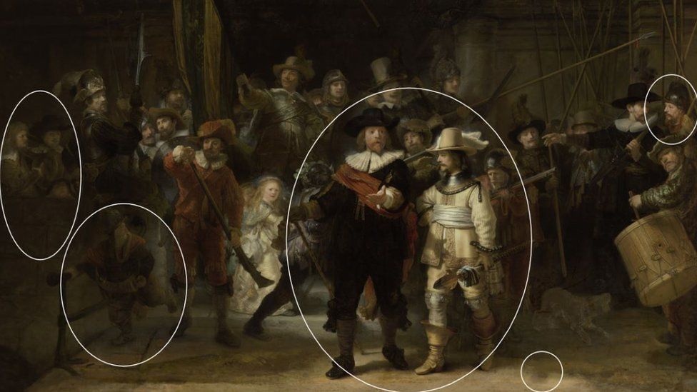 Реставрация Рембрандта выявила новые элементы картины, в том числе трех персонажей слева.