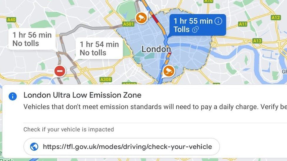 Карты Google предупреждают водителей о плате за выбросы 2 The Ulez appears in blue - with a warning the planned route crosses it