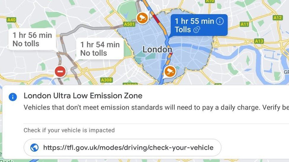 The Ulez appears in blue - with a warning the planned route crosses it