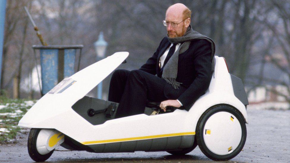 Sir Clive Sinclair demonstrates his ill-fated electric C5 vehicle in 1985