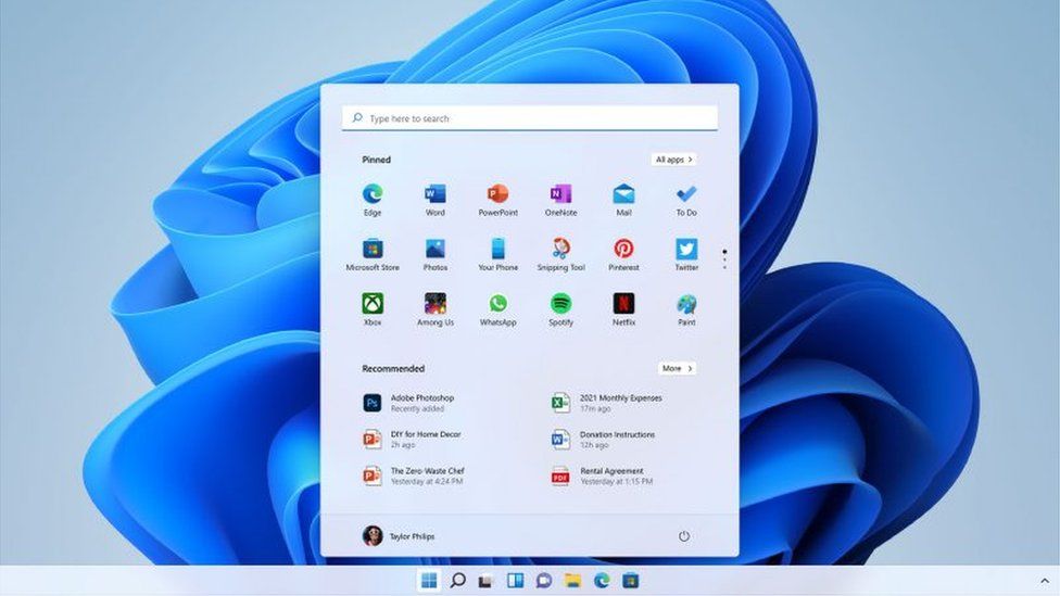 Image caption, Windows 11 features a simplified design and changes to the Start menu