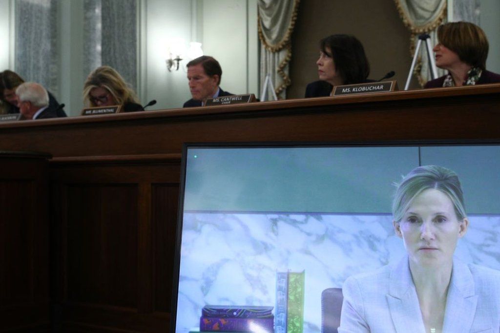 Image caption, Meta's global head of safety Antigone Davis testifies virtually during a US Senate hearing on children's online safety