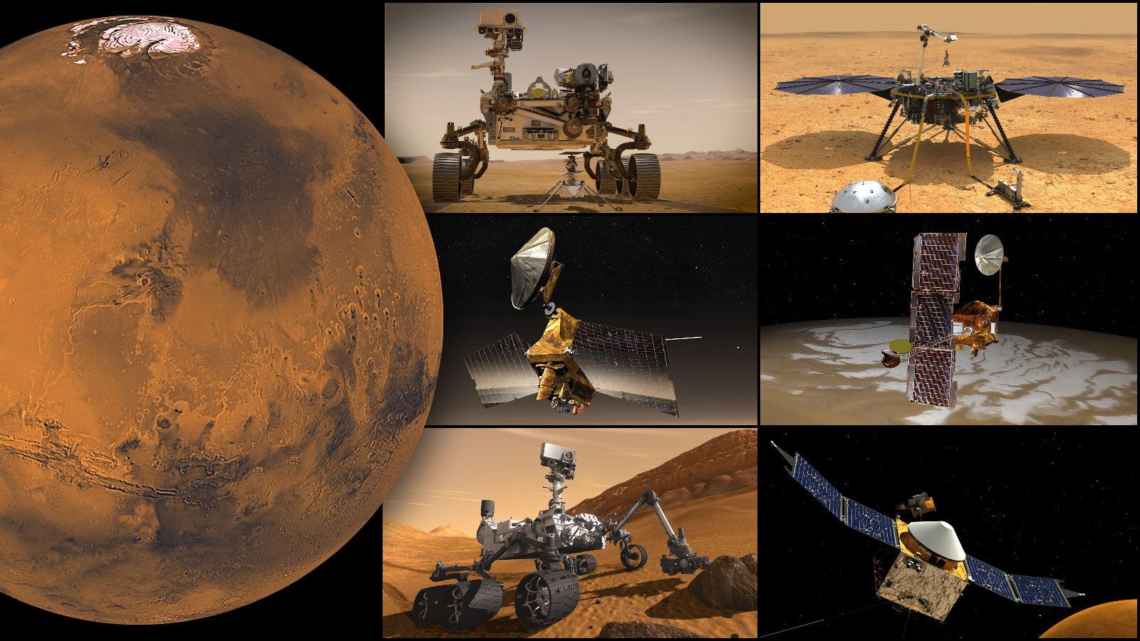 Марсианские миссии  NASA, по часовой стрелке сверху слева: марсоход Perseverance и марсианский вертолет Ingenuity, посадочный модуль InSight, орбитальный аппарат Odyssey, орбитальный аппарат MAVEN, марсоход Curiosity и марсианский разведывательный орбитальный аппарат.