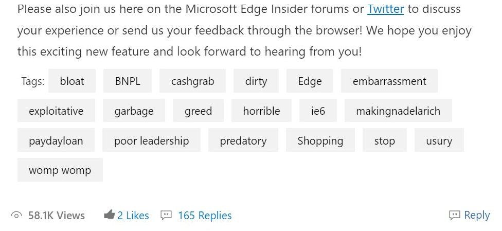 Примеры тегов, появляющихся в сообщении Microsoft о новой функции