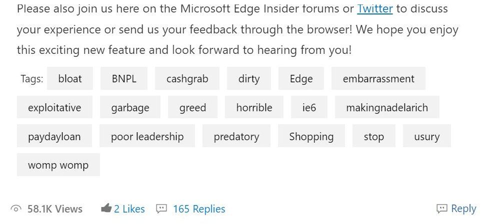 Схема Microsoft Edge "купи сейчас, плати потом" вызвала критику 2 Примеры тегов, появляющихся в сообщении Microsoft о новой функции