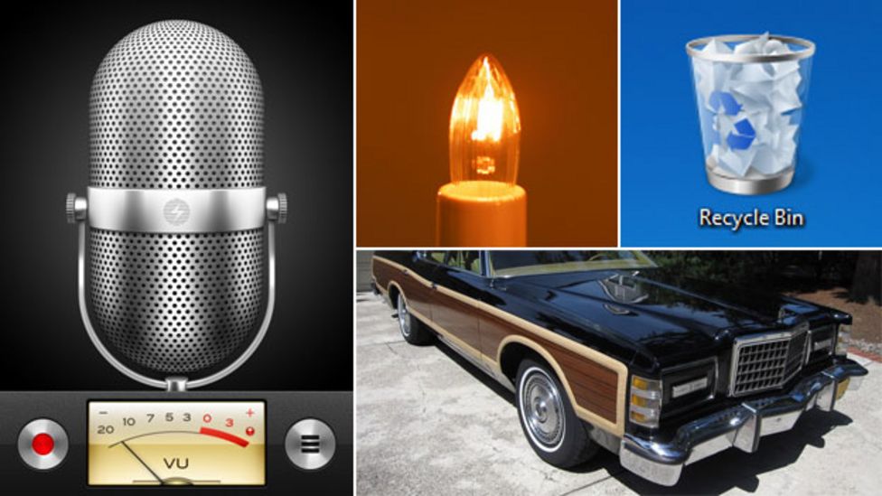 Skeuomorphism: приложение голосовых заметок для iPhone, электрическая свеча, приложение для корзины Windows; старинный автомобиль Ford с отделкой из искусственного дерева