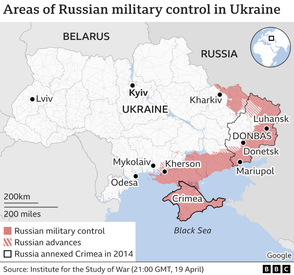 Карта, показывающая районы Украины, находящиеся под контролем россии. Отслеживание российского вторжения
