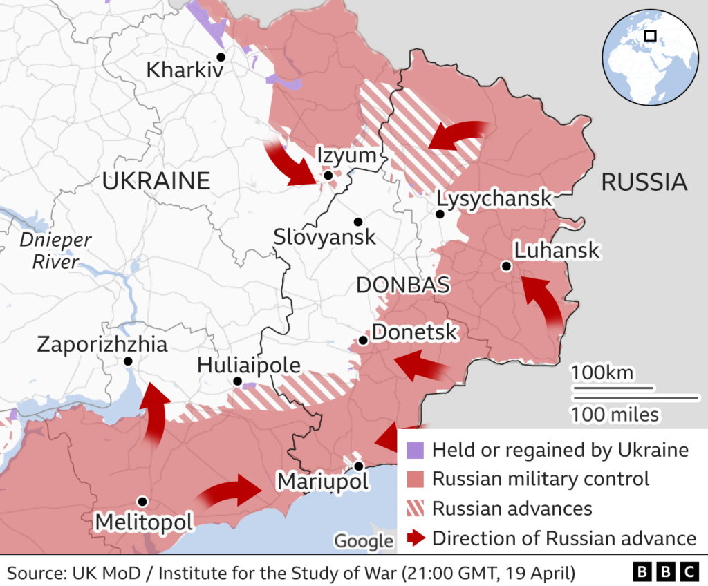Карта, показывающая продвижение российских войск в Украину с востока