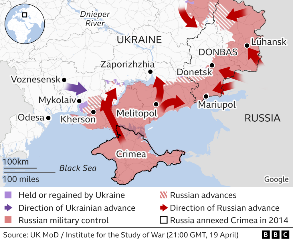 Карта, показывающая продвижение российских войск в Украину с юга