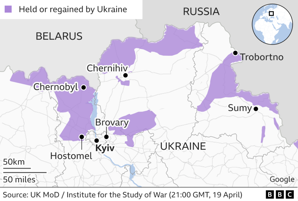 Карта, показывающая районы, отвоеванные украинскими силами после отступления российских войск