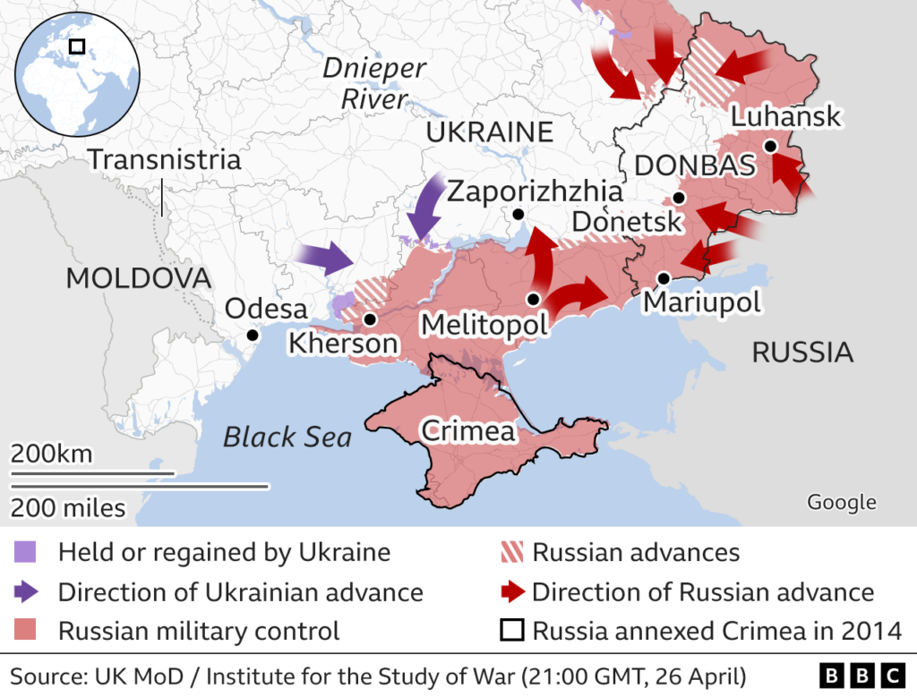 Карта южной Украины с указанием территорий, находящихся под российским контролем