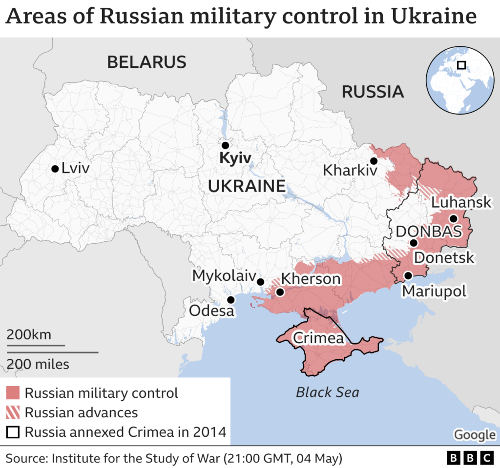 Карта, показывающая районы Украины, находящиеся под контролем россии