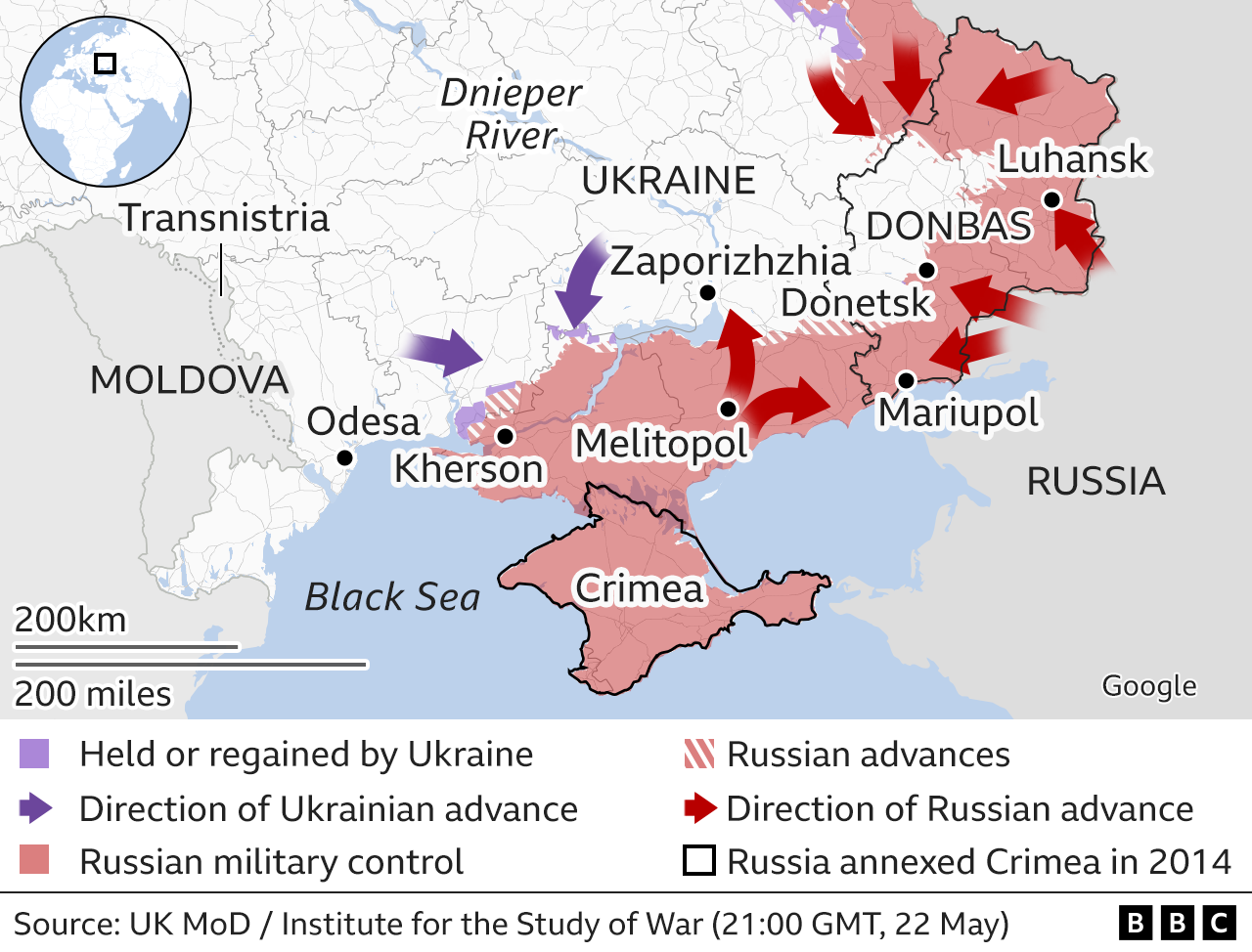 Карта, показывающая продвижение российских войск в Украину на юге