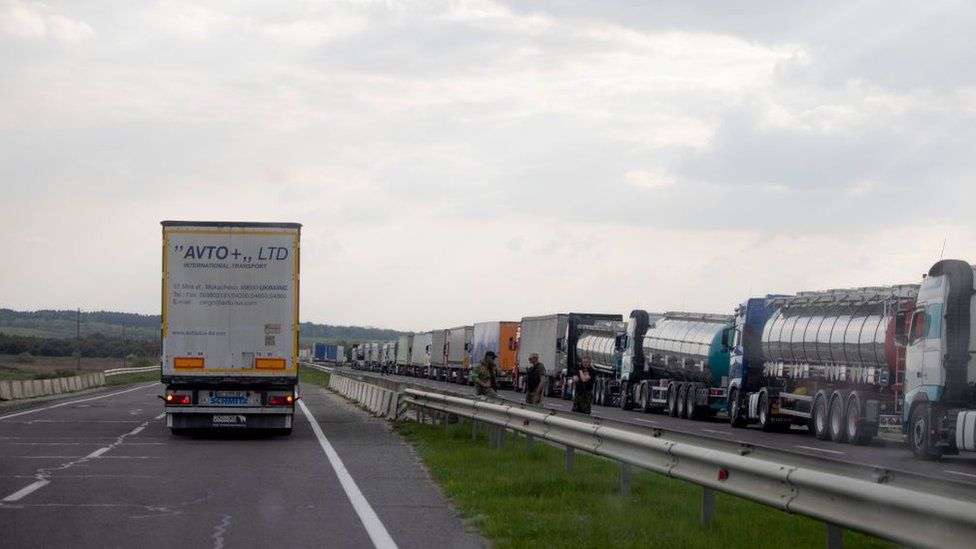 , Queues of lorries waiting to leave Ukraine can stretch for up to 25km