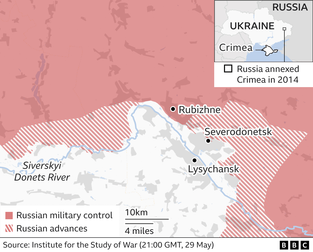 Карта региона вокруг Северодонецка и зоны контроля российских военных по состоянию на 29 мая 2022 года