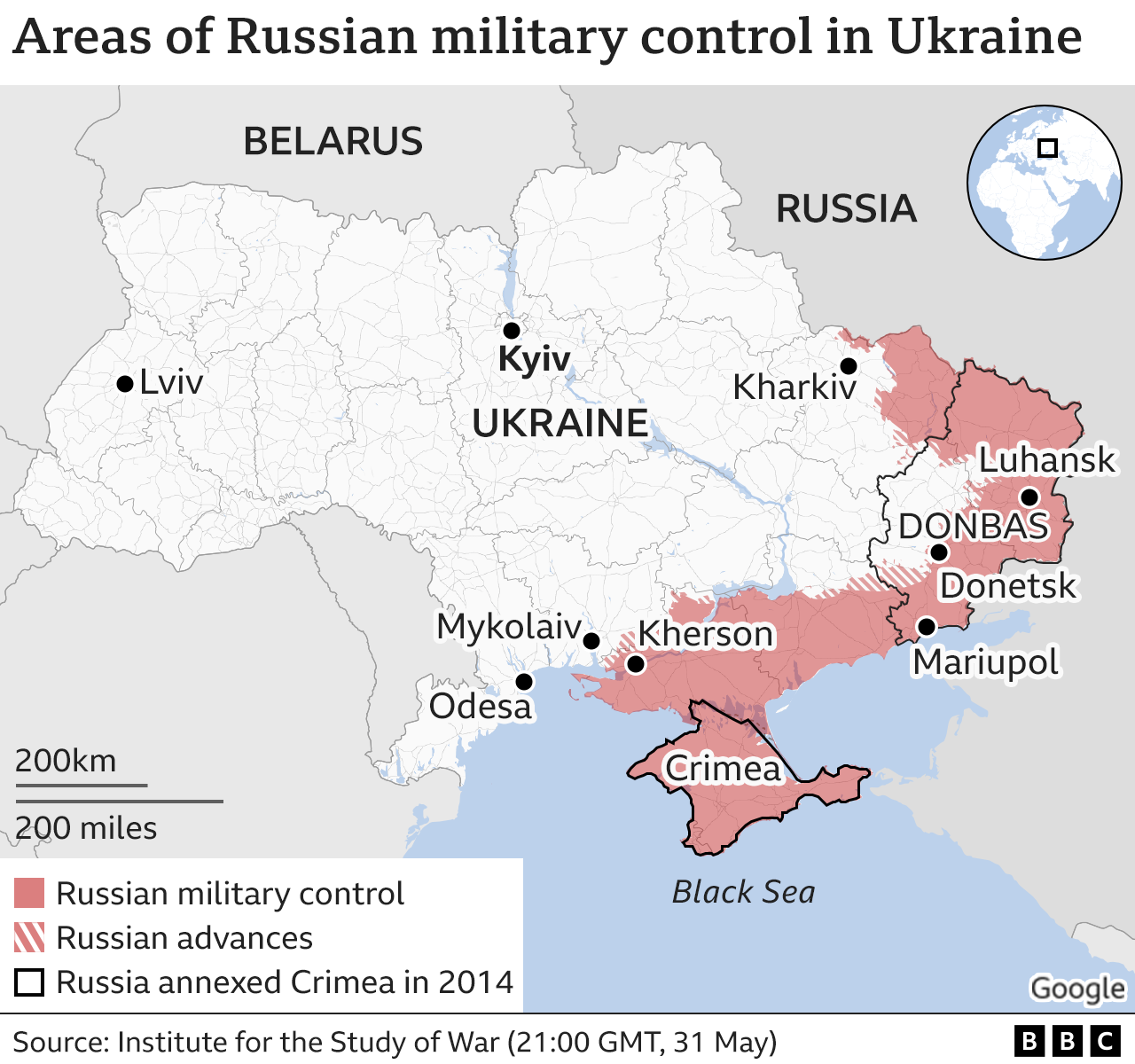 Карта Украины с указанием территорий, контролируемых Россией, обновлена 1 июня