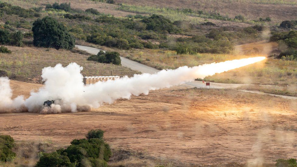 , A Himars rocket is fired during US military training in California in 2019
