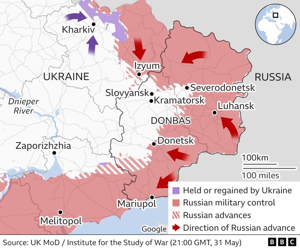 Карта, показывающая военный контроль на востоке Украины