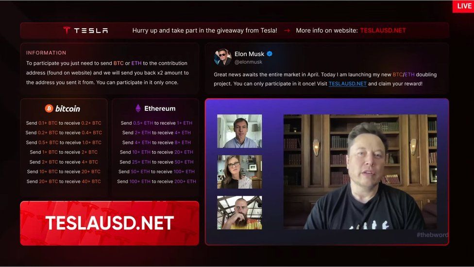 , The livestreams advertise bogus cryptocurrency giveaway offers