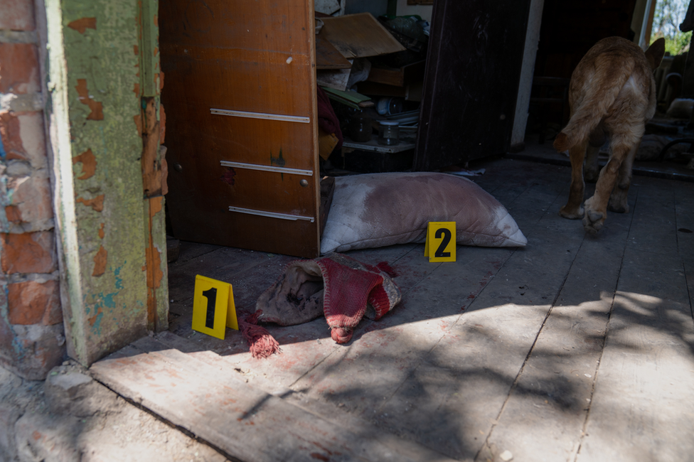 , Evidence markers are placed next to relevant evidence, in this case blood stains.