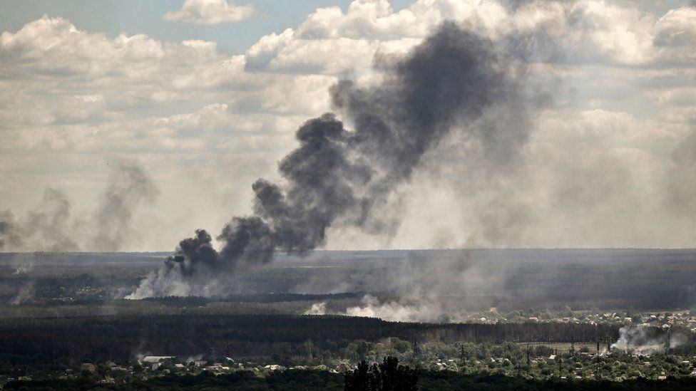 , Smoke seen rising from shelling in the city of Severodonetsk last week