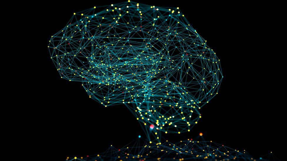 A stock image of a stylised network in the shape of a brain