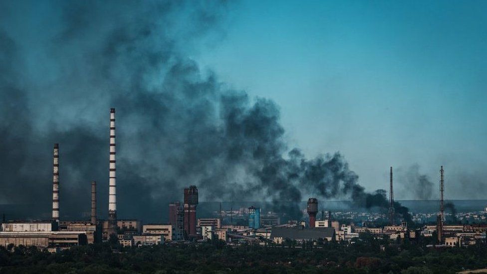 , Smoke rises above the eastern Ukrainian city of Severodonetsk which is now believed to be mostly under Russian control