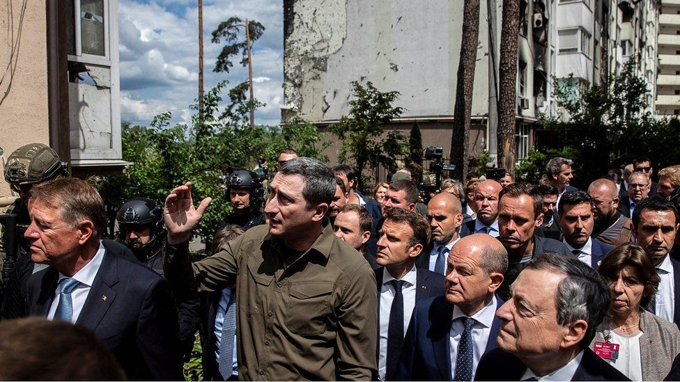 , Four European leaders toured a heavily damaged suburb of Kyiv and condemned the destruction on Thursday