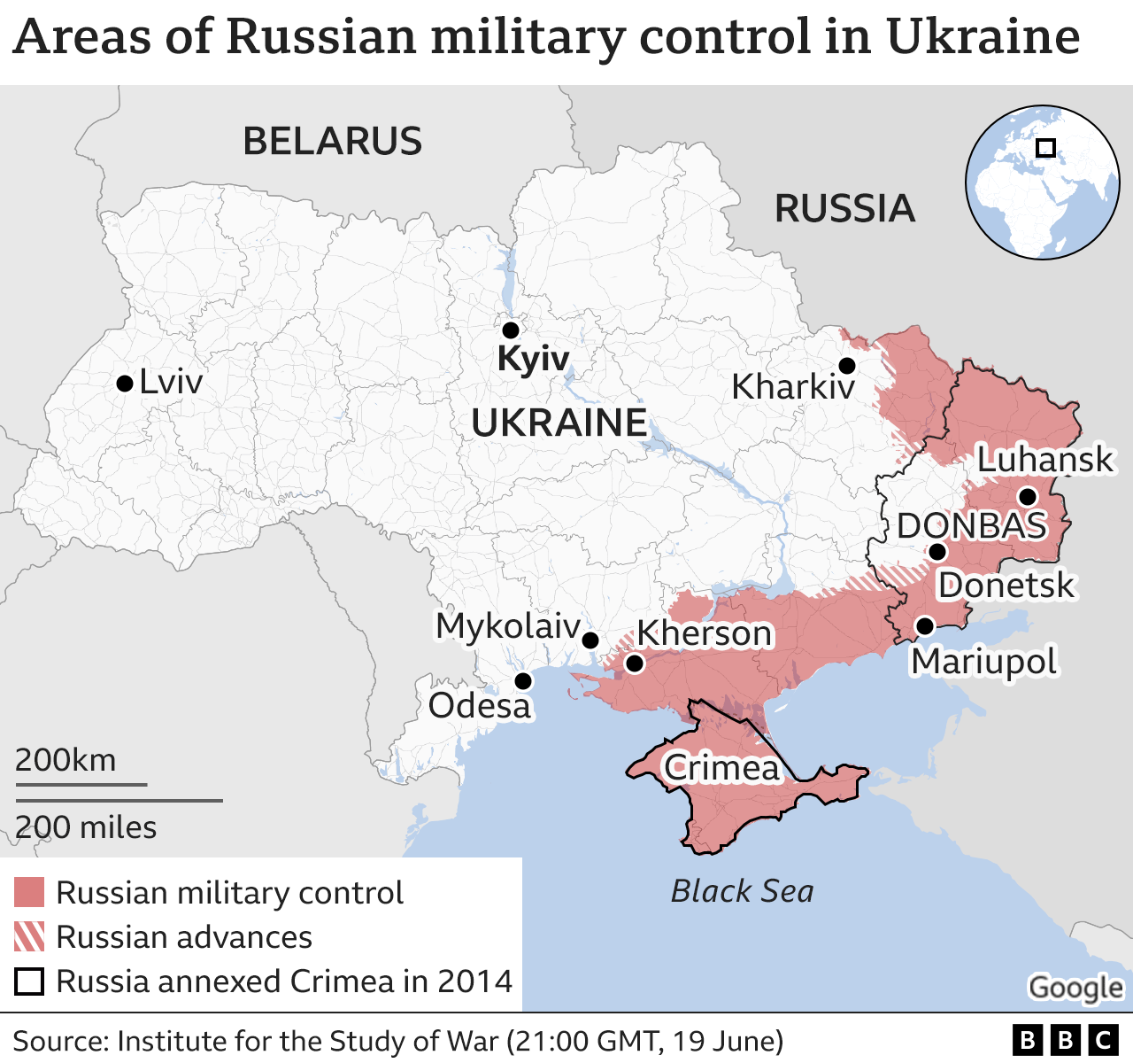 Map of Ukraine showing areas of Russian control, updated 20 June