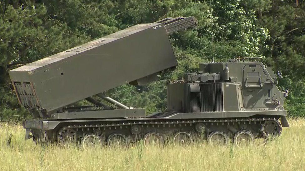 , The British Army's Multiple Rocket Launcher System (MLRS) which has a range of more than 50 miles