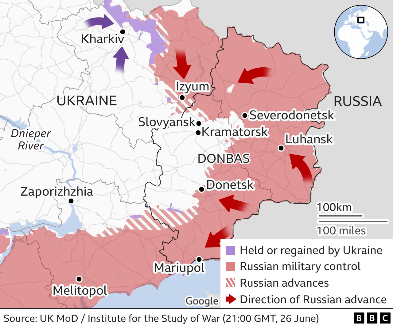 Map of eastern Ukraine, showing Russian areas of control, updated 27 June