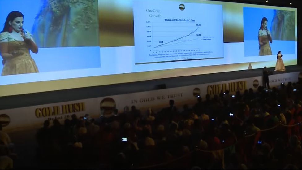 , Dr Ruja on the stage at a 2015 OneCoin event in Dubai, where the crypto-firm also had an office