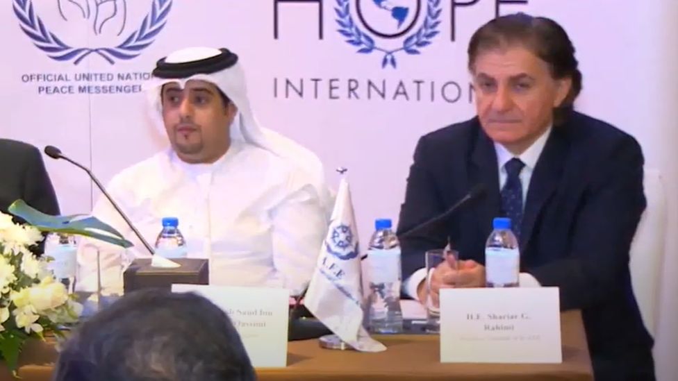 , Sheikh Saoud Al Qassimi at an ICAFE event in Dubai, alongside its co-founder Shariar Rahimi.