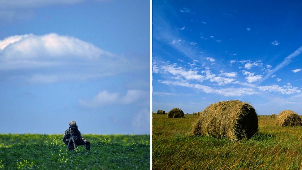 , Kansas fields (right) share similarities with the Donbas region terrain in Ukraine