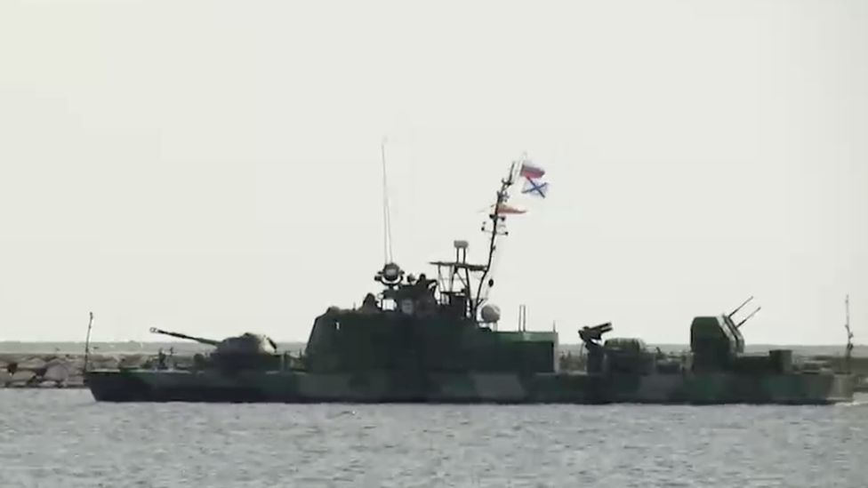 , A Russian Shmel-class gunboat was pictured escorting the Zhibek Zholy