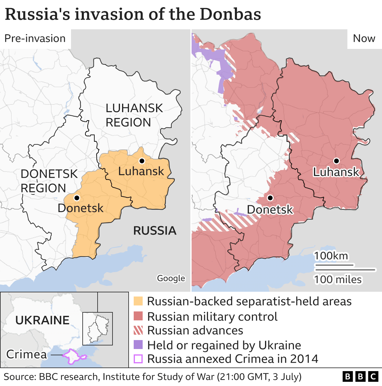 Map showing Donbas region before and after invasion, updated 4 July