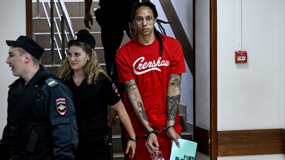 , Brittney Griner was handcuffed and wearing a red T-shirt as she was led into the court in Khimki outside Moscow