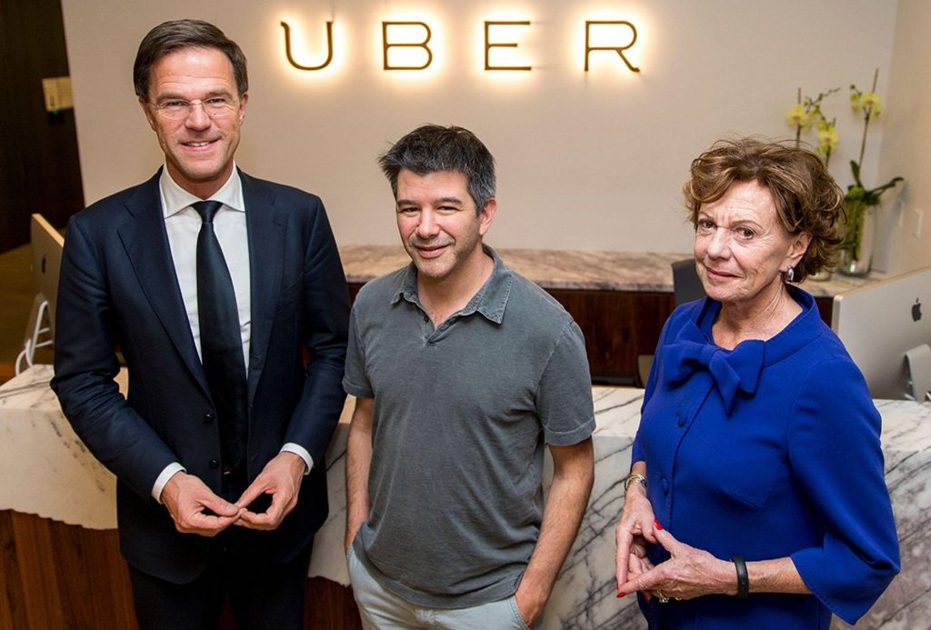 Dutch PM Mark Rutte, Uber's then CEO Travis Kalanick and Neelie Kroes on a visit to Silicon Valley in 2016