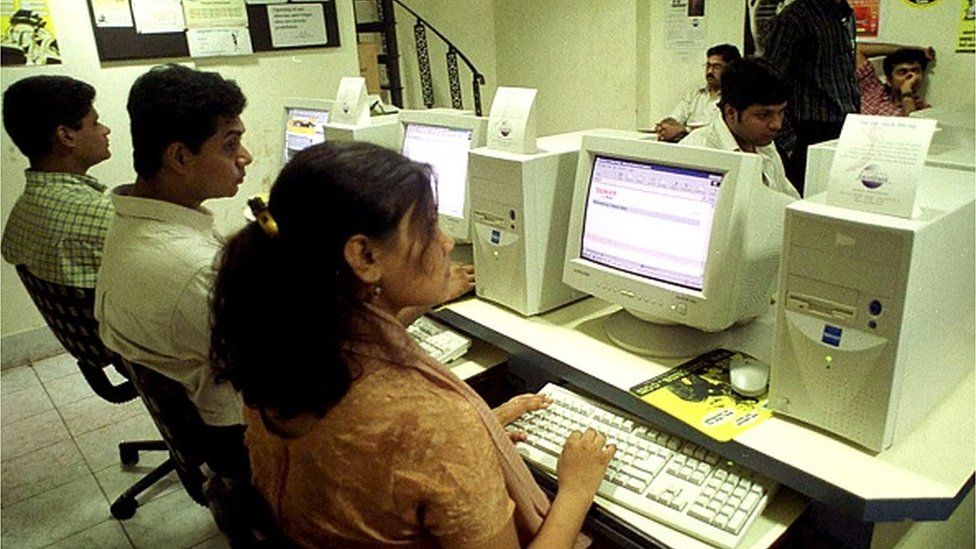 An internet cafe in India in 2000 - today India has more than 800 million broadband internet subscribers