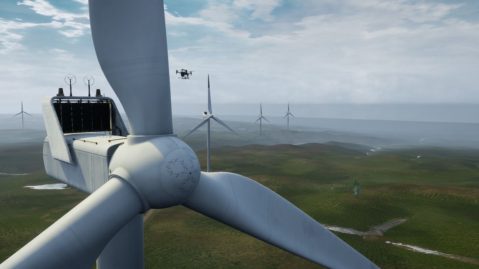 A simulated drone inspecting a wind turbine