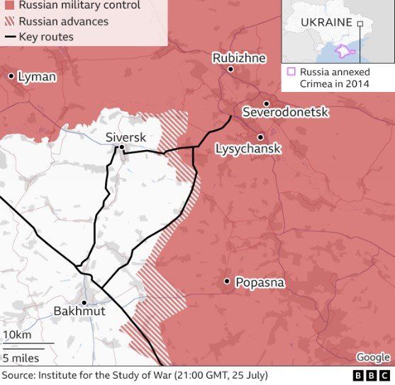 Карта, показывающая часть восточной Украины