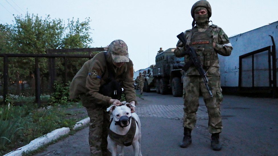 A Ukrainian detainee walking a dog at Olenivka prison (file image)