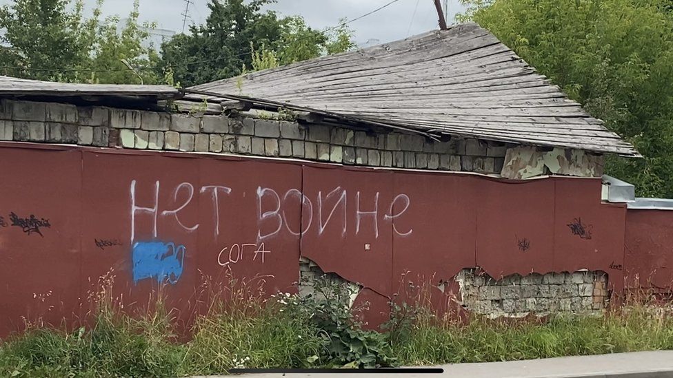 "No to war" reads this graffiti in Pskov, but there is little opposition to the war to be found