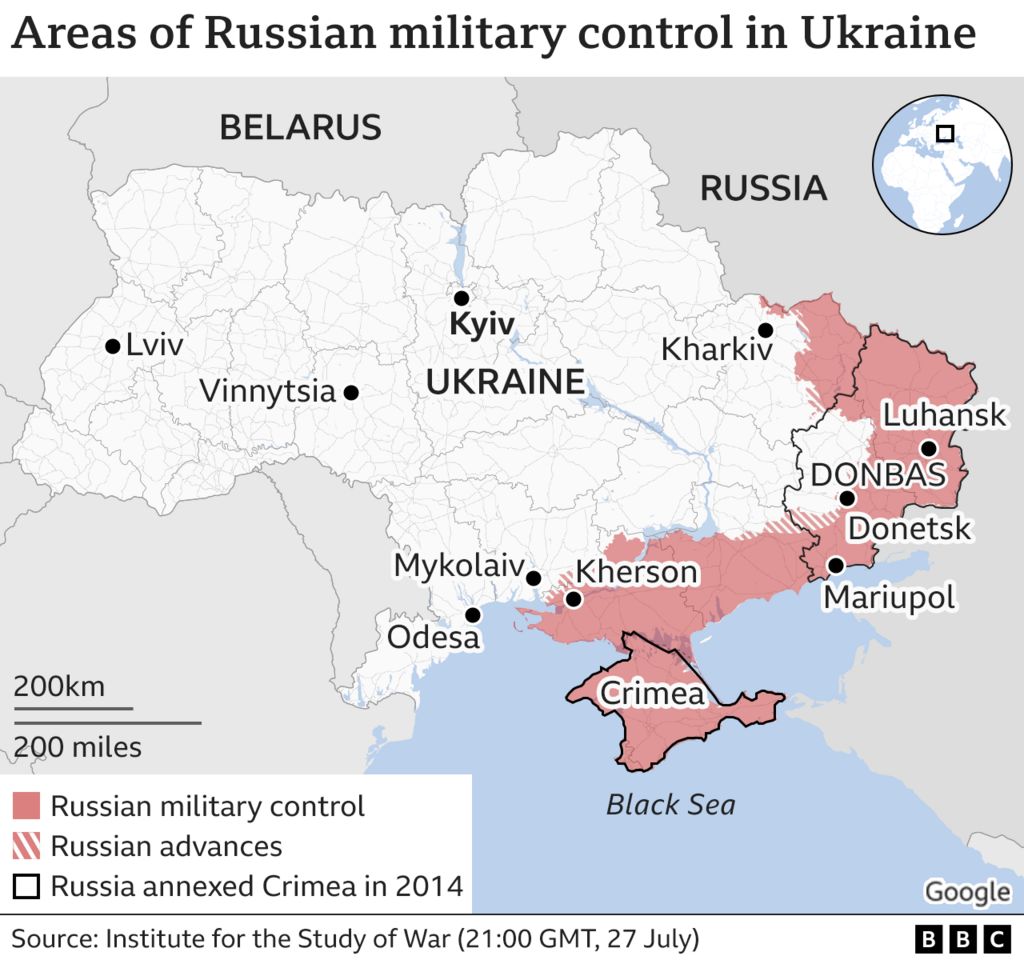 Карта, показывающая районы Украины, которые остаются под российским военным контролем