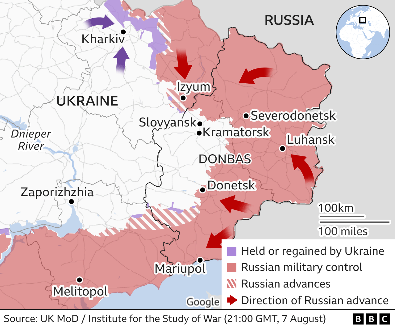 Карта, показывающая восток Украины